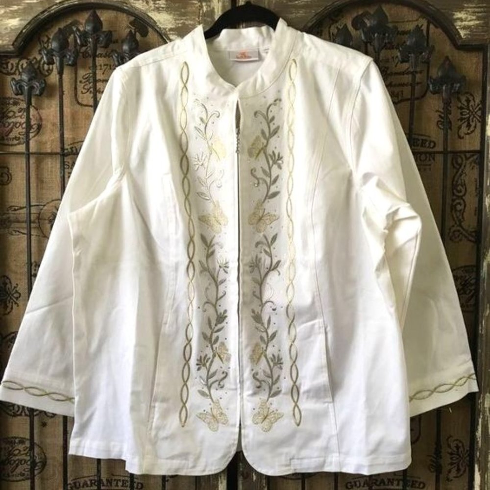 Quacker Factory Garden Fantasy Zip Front Mandarin Collar Stretch Jacket  3x